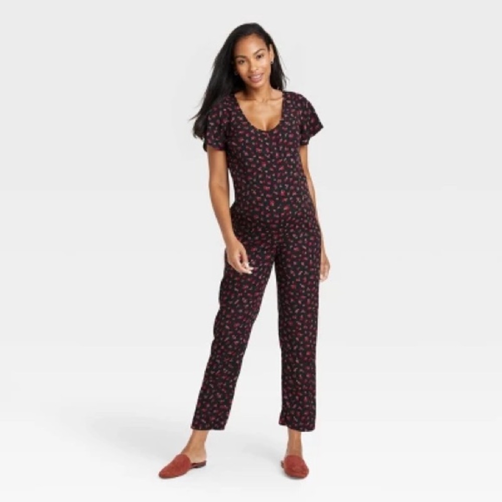 The Nines by HATCH Black and Red Floral Jumpsuit